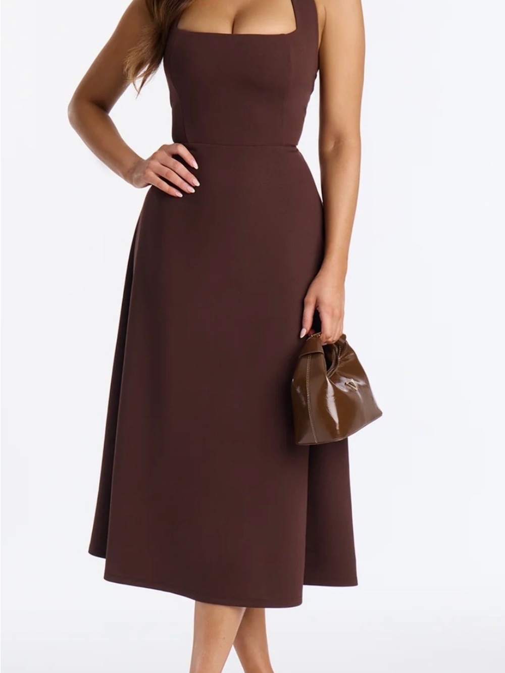 Elegant Square-Neck Midi Dress in Chocolate Brown